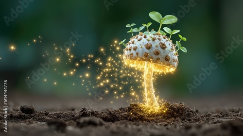 Enchanting mushroom with emerging seedlings in the soil.