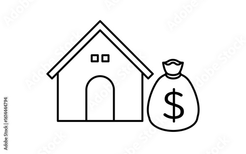 一軒家とお金の袋で住宅ローンのシンプルな線画アイコン、白黒