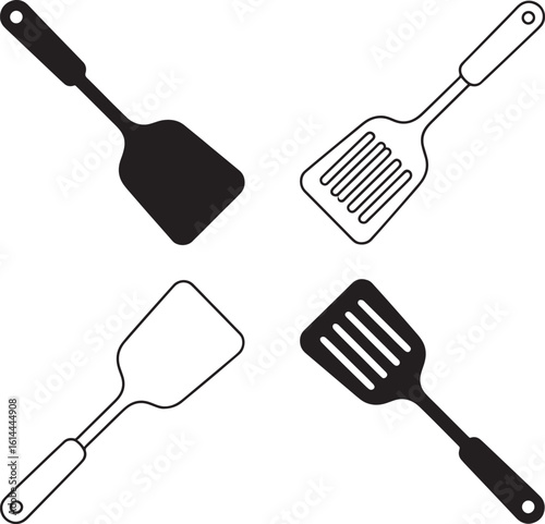 Four different styles of kitchen spatulas in black and white illustrations