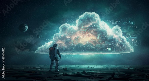 Astronaut gazing at a luminous cloud-like structure in space, representing futuristic technology and data