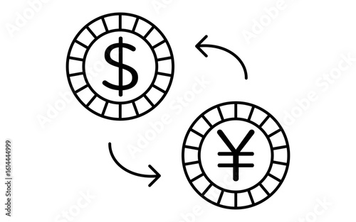 ドルと円の通貨交換のシンプルな線画アイコン、白黒
