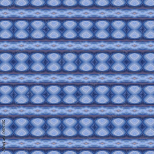 Seamless geometric pattern in cool blue tones with abstract symmetry and heart-like shapes. Ideal for textiles and digital backgrounds. 
