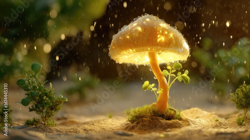 Illuminated mushroom lamp in a rain-drenched forest setting.