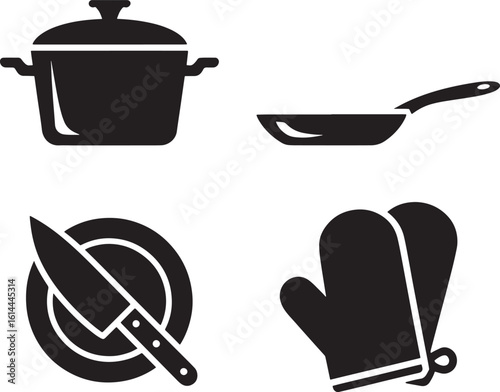 Essential kitchenware icons pot pan knife plate and oven mitts
