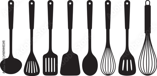 Collection of black kitchen utensils silhouetted against a white background