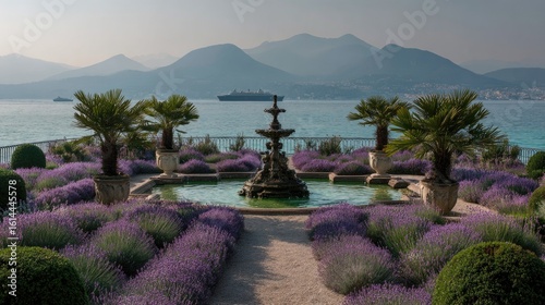 Lavender garden with fountain and coastal view.