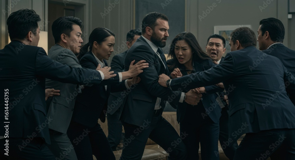 Obraz premium Intense confrontation in a luxury office. Employees engaged in a physical altercation