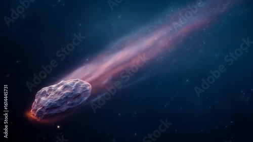 Dramatic Meteoroid Traversing Dark Blue Space Environment With Glowing Core and Nebula Trail