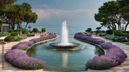 Picturesque garden with fountain and lavender bushes by the sea.