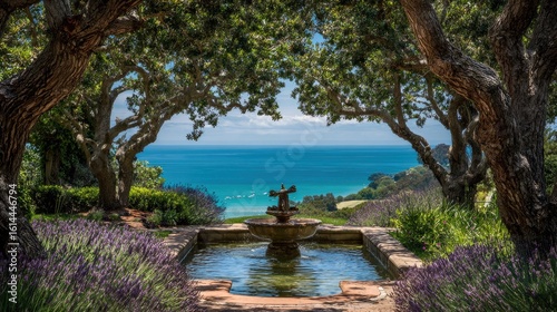 A tranquil garden overlooking the ocean, featuring a decorative fountain.