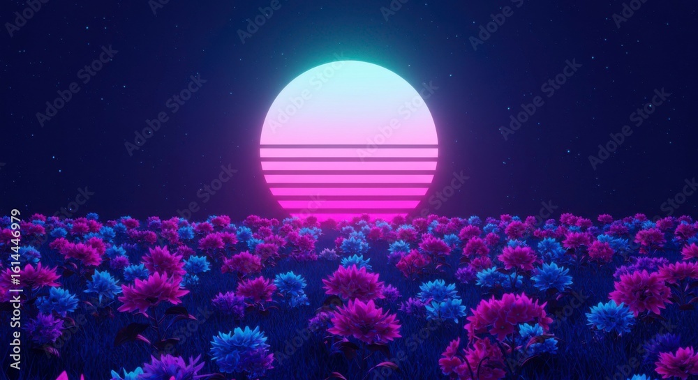 Fototapeta premium Synthwave sunset over a field of vibrant purple and blue flowers under a starry night sky