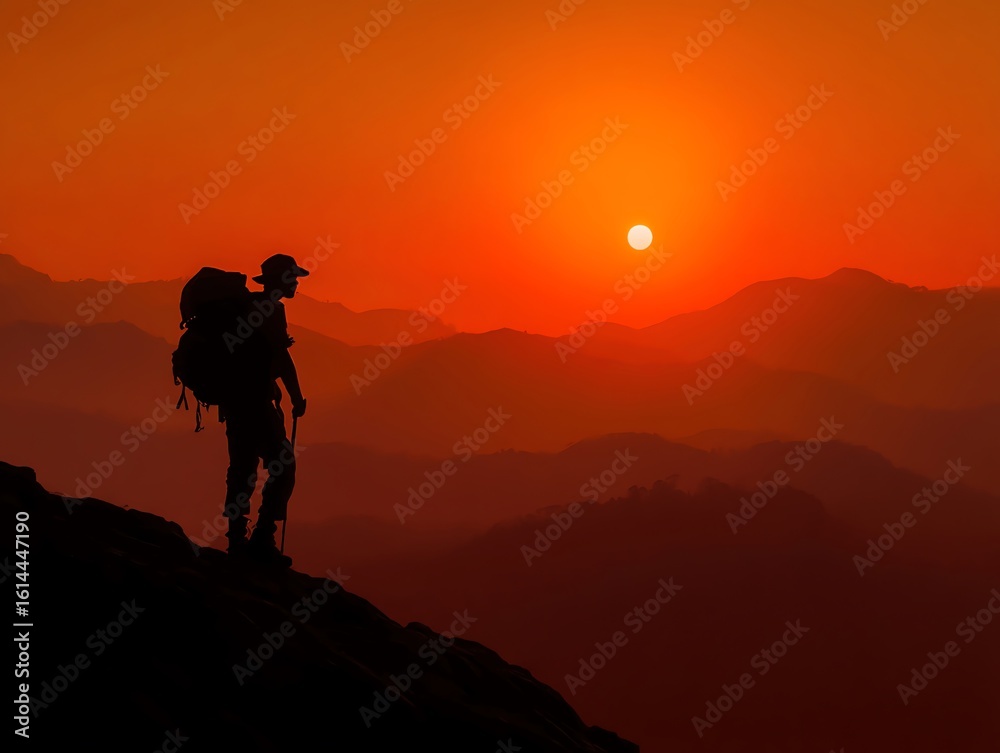 Fototapeta premium Hiker silhouette stands on peak during vibrant sunset