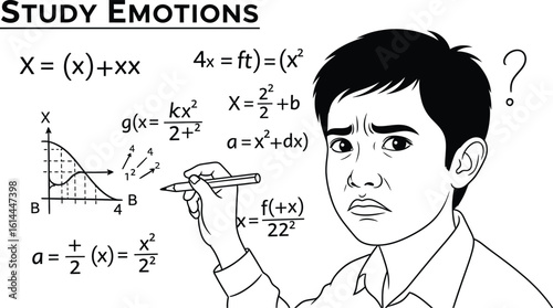 Confused Student Solving Complex Equations Featuring a Frustrated Expression and Question Mark, Depicting Academic Stress and the Challenge of Understanding Mathematics