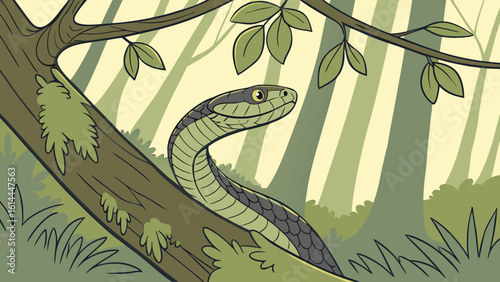 A snake coiled tightly around a tree branch in a dense forest, AI generative illustration