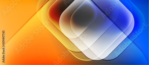 Abstract geometric shapes overlap, creating vibrant color gradients. Orange, blue hues dominate composition. Smooth transitions define design.