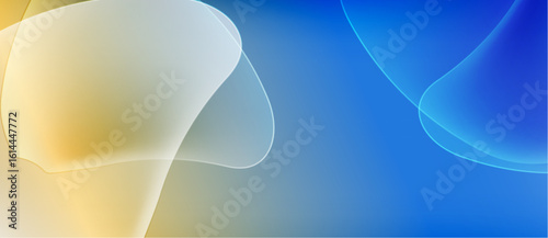 Abstract background features flowing shapes, soft colors. Blue, yellow hues blend seamlessly creating calming visual effect.