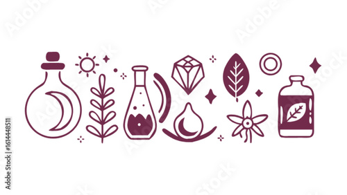 Illustration of magical potion ingredients for witchcraft and esoteric practices vector graphic design