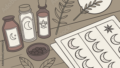 Illustration of witchcraft supplies including tarot cards potions and herbs for magical practices