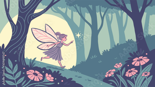 Illustration of a fairy in a forest with flowers and trees fantasy art magical woodland scene vector art