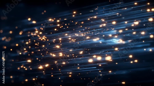 Dynamic Abstract Blue and Gold Light Streaks in Motion with Particles in Dark Background