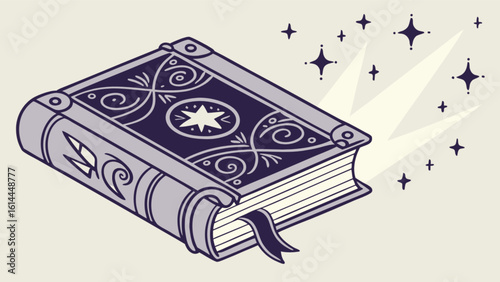 Spell book illustration vector graphic with magic stars, fantasy book, fairytale, enchanted book, wizardry
