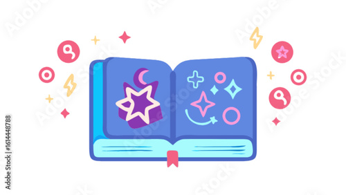 Open book of spells and magic with stars, moon, circles, and sparkles for fantasy illustrations