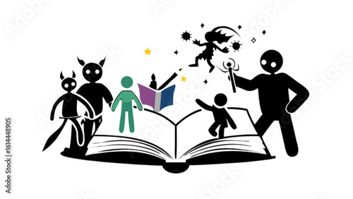 Open book fantasy world story telling imagination magic adventure characters vector illustration design concept