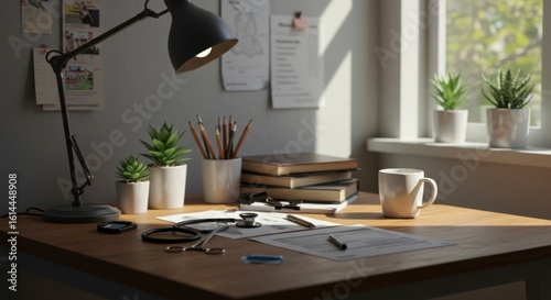 Sunlit desk with medical instruments, plants, and paperwork.  Calm and organized workspace