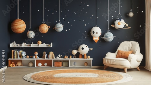 Child's room, space theme.  Dark walls, planets hang.  Bookshelves, beige chair.  Carpet
