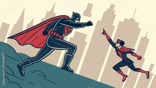 Superhero team up vector art illustration of comic book heroes in action with cityscape background design