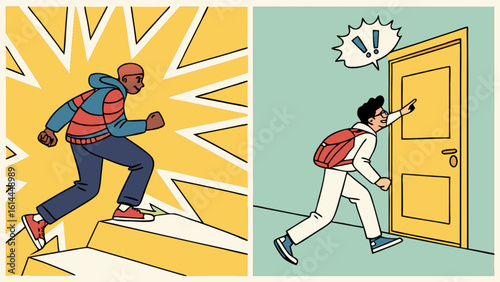 Illustration of urgent situations depicting a man running up stairs and knocking on a door quickly