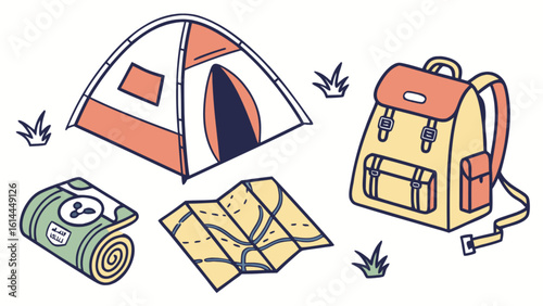 Camping gear essentials tent backpack map and sleeping bag for outdoor adventure and travel planning trip 100