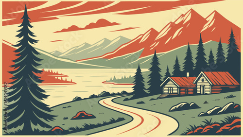 Vintage mountain landscape vector illustration with cabin lake and pine trees for travel and outdoor adventure 100
