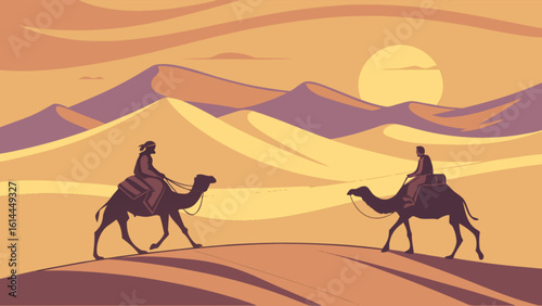 Desert landscape with camels riders at sunset vector illustration for travel and adventure design concept