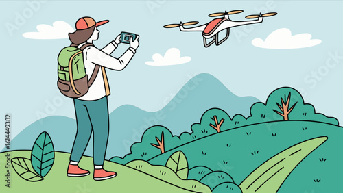 Drone photography and videography in nature with hiker taking pictures of a drone in the sky view