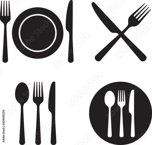 Black silhouette icons of cutlery and dinnerware for dining and restaurants