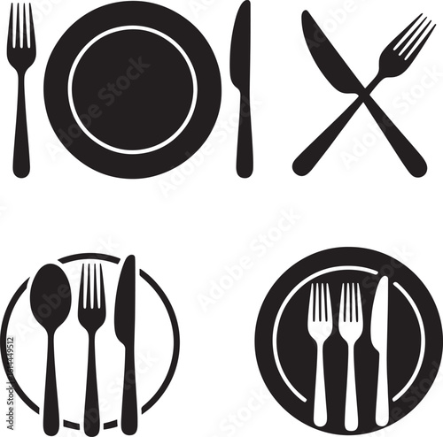 Collection of silhouetted cutlery and dinnerware icons for dining and restaurants