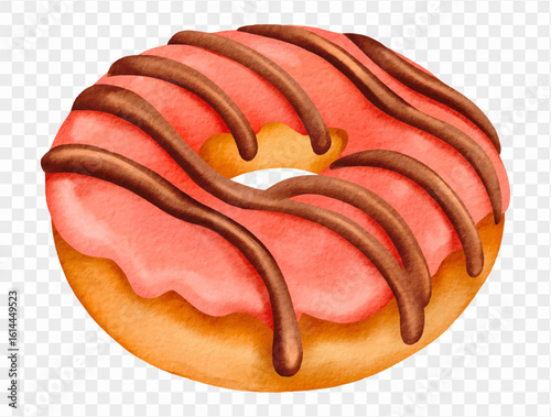 Watercolor pink donut with chocolate glaze in autumn theme. Vector.