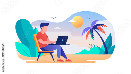 Remote work on beach illustration concept for digital nomad lifestyle and work from home freedom and vacation
