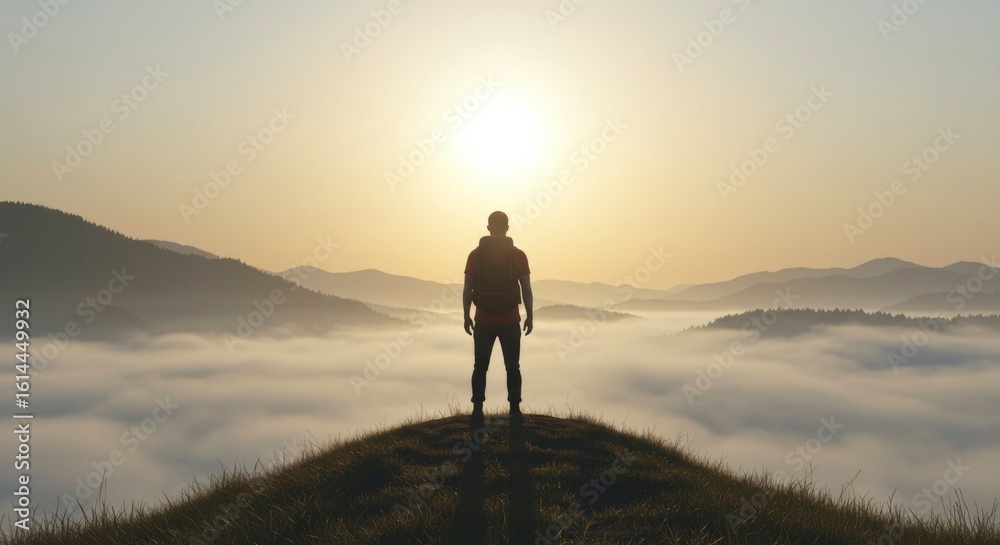 Fototapeta premium Man standing on mountaintop overlooking a sea of clouds at sunrise