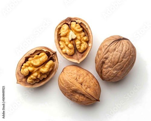 Four walnuts one cracked open isolated on white background