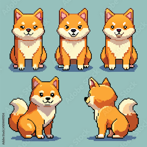 Pixel art shiba inu dog sprite sheet with multiple poses