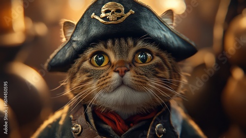 Close-up of a cat wearing a pirate hat