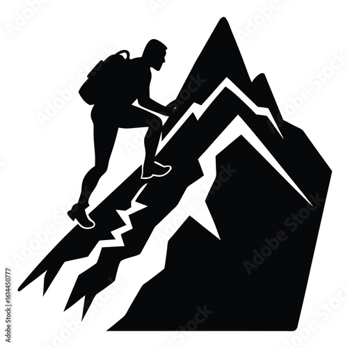 Silhouette of a person climbing a snowy mountain ridge