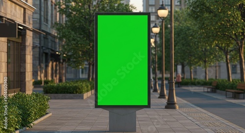 Vertical Green Screen City Street Billboard Mockup at Golden Hour