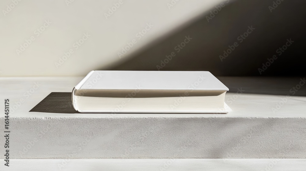 A blank, white hardcover book rests on a minimalist, off-white surface, bathed in soft, dramatic sunlight casting a long shadow. The scene is clean and simple, emphasizing the book's stark form A blank, white hardcover book rests on a minimalist, off-white surface, bathed in soft, dramatic sunlight casting a long shadow. The scene is clean and simple, emphasizing the book's stark form