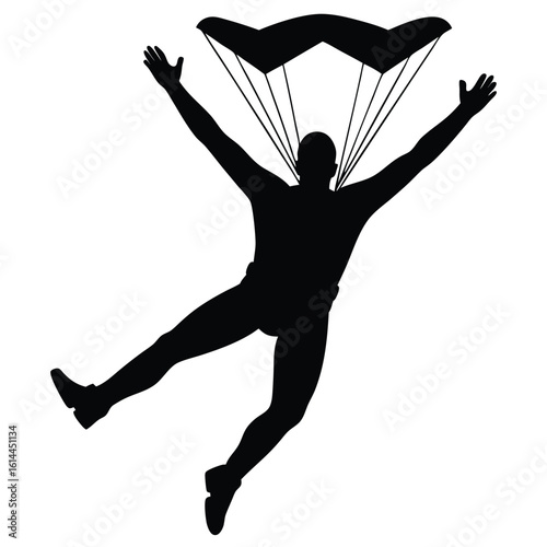 Silhouette of a skydiver in mid air against a white background
