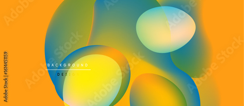 Abstract fluid shapes, vibrant colors blend. Orange backdrop complements teal, yellow gradients. Modern design element, smooth transitions present.