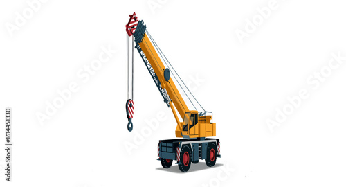 Illustration of a yellow and blue mobile crane with a hook suspended from its boom, isolated on a white background.
