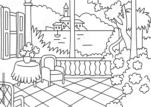 Coloring page of a balcony with a sea view and mediterranean landscape